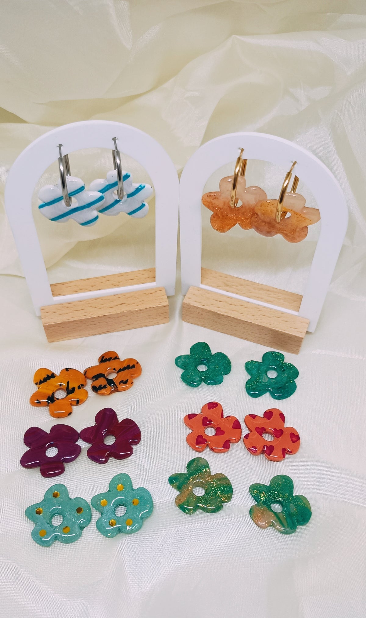 Pampilles interchangeables Prima : vert paillettes dorées, rose avec cœur, orange coucher de soleil, style marinière bleu blanc, marbré violet rose, translucide vert et orange - SoizElla