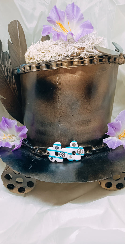 Pampille interchangeable fleur Prima style Steampunk blanche rayée bleue avec incrustations d'engrenages en métal argentés- SoizElla